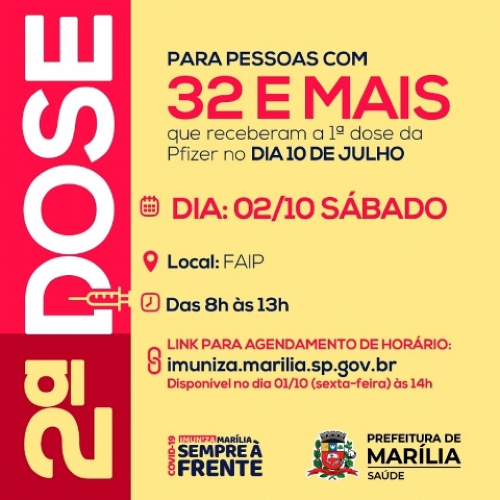 Marília marca segunda dose para vacinados com Pfizer em 10 de julho Marília marca segunda dose para vacinados com Pfizer em 10 de julho