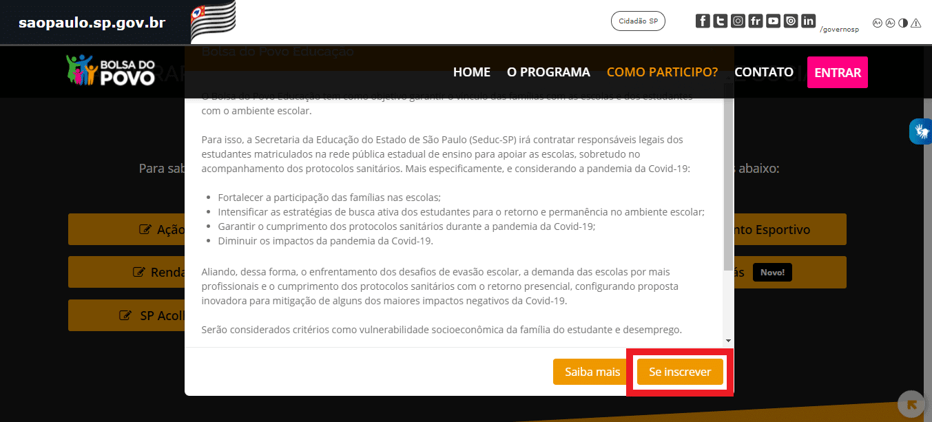 Print do site do Bolsa do Povo do governo de São Paulo