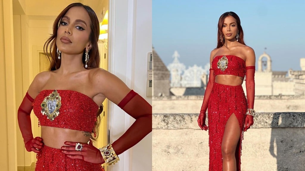 Reprodução/Instagram @anitta 10.07.2023 Cantora optou por um conjunto de top e saia no tom vermelho