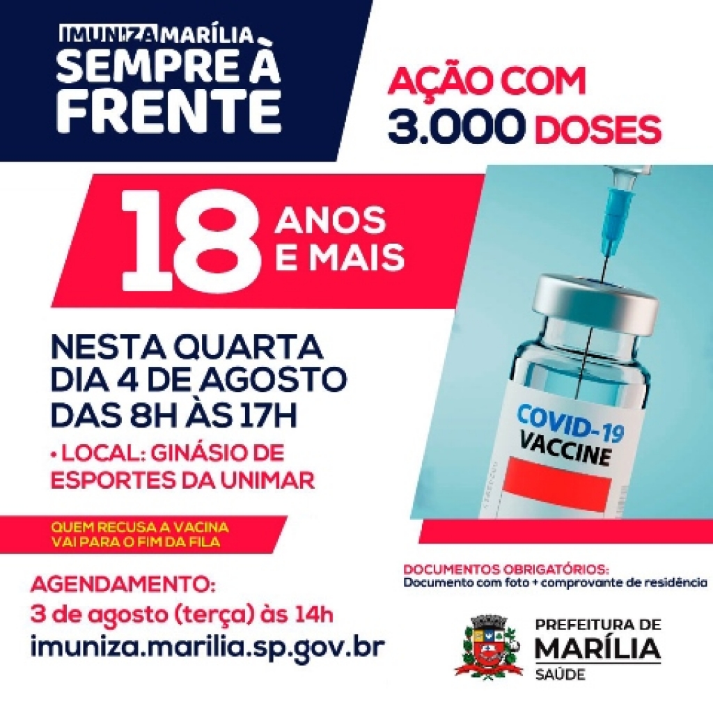 Cadastro para vacinação acima de 18 anos será aberto nesta terça em Marília