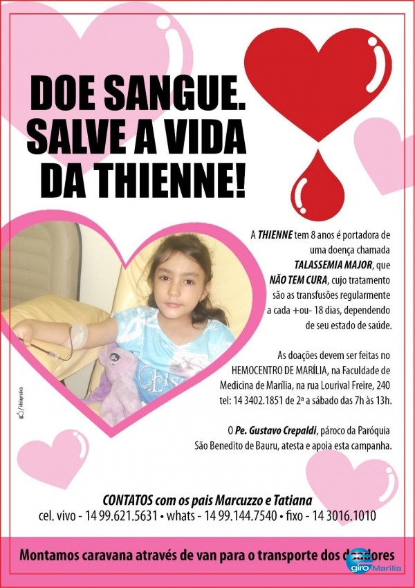 Corrente pede doações de sangue para Thienne, 8, e ajuda outros pacientes