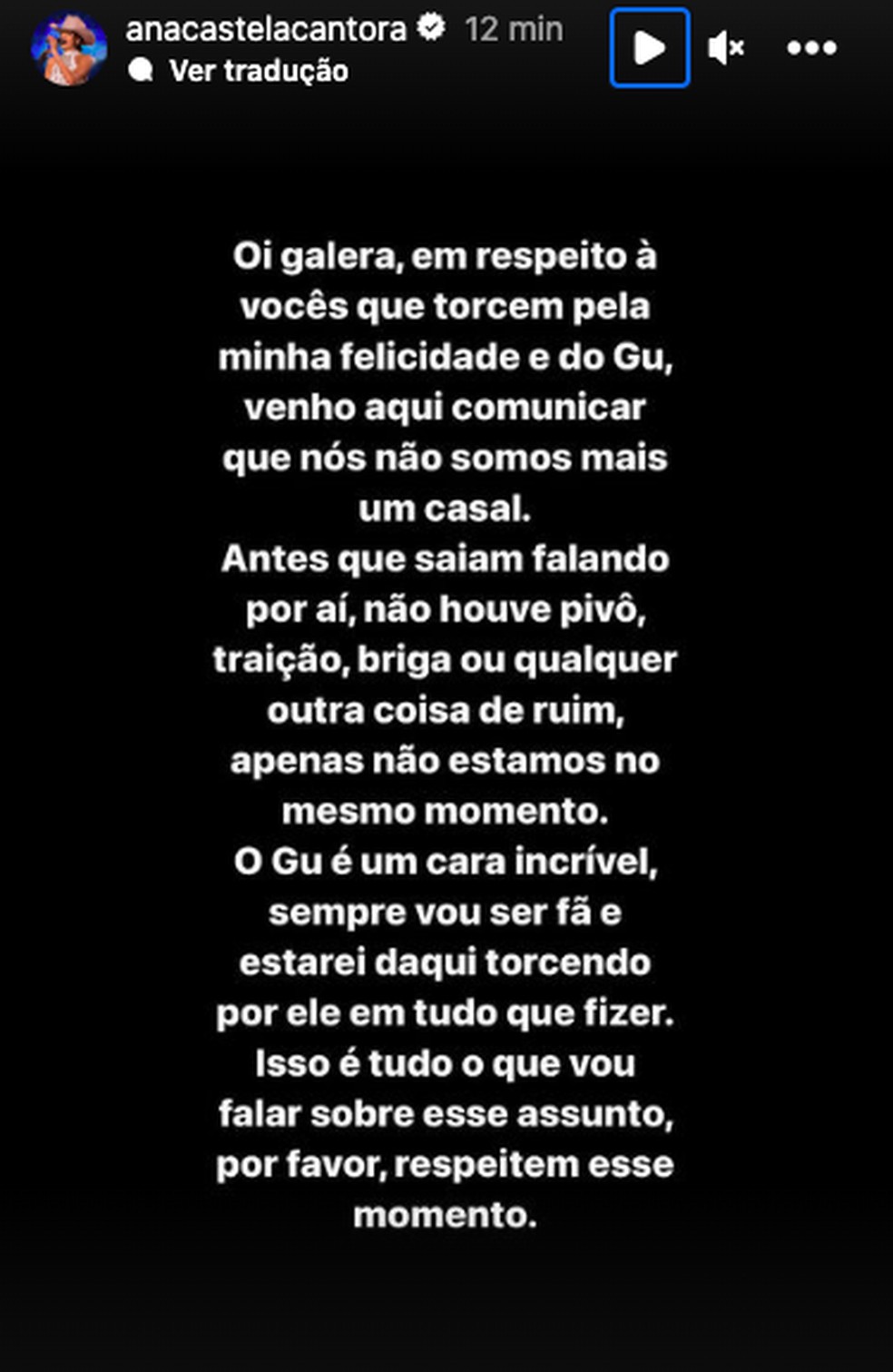Ana Castela anuncia término com Gustavo Mioto — Foto: Reprodução/Instagram
