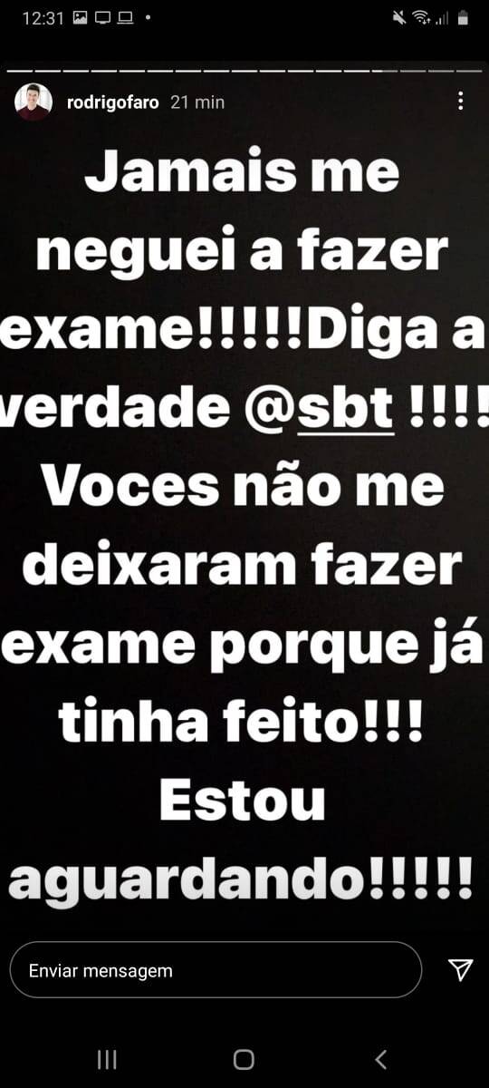 Stories de Rodrigo Faro. Foto: Reprodução/Instagram