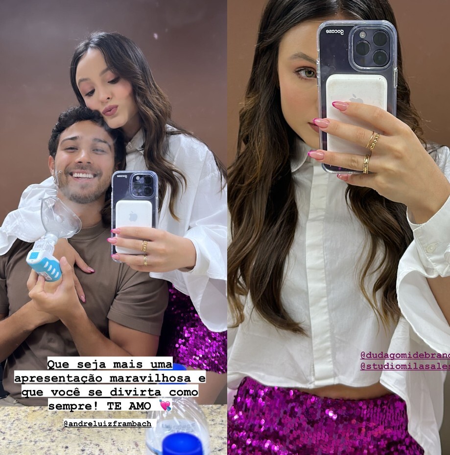 Larissa Manoela de camisa cropped e saia de paetê