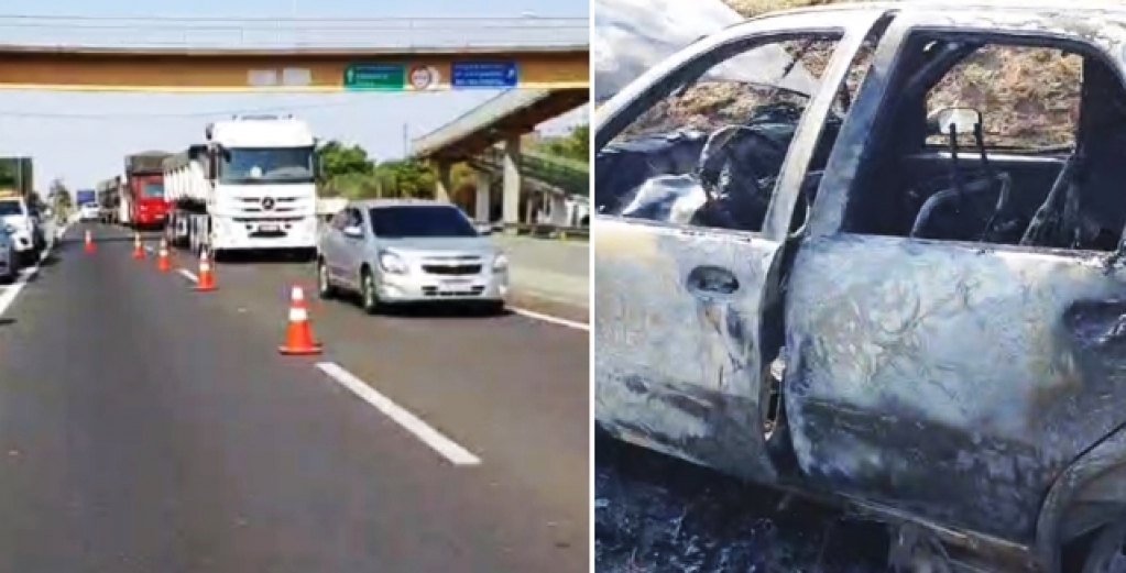 ´Fogo destrói veículo no Contorno de Marília e complica trânsito