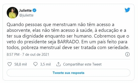 Juliete critica Bolsonaro: "Cobremos que o veto do presidente seja barrado"