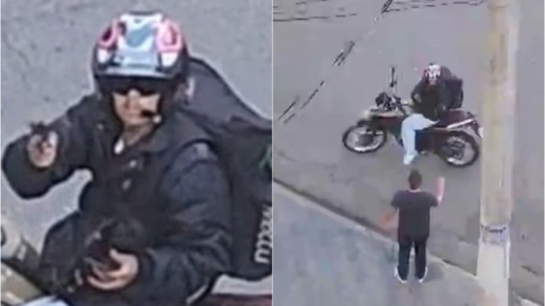 Montagem iG / Imagens: reprodução – 02.07.2023 Assaltante atirou contra a mulher que filmava a ação de seu apartamento, na Vila Olímpia, em São Paulo