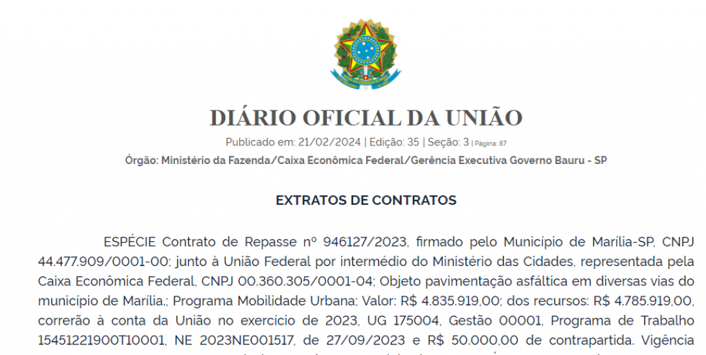 Marília recebe R$ 5 milhões do governo federal para asfalto