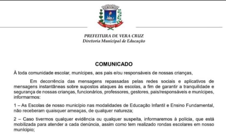 Vera Cruz pede contenção de boatos em escolas; jovem confessa falsa ameaça