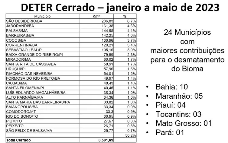 07/06/2023 - Brasília - Municípios que mais desmataram e gráfico do dado geral de desmatamento no Cerrado. No Cerrado, 24 municípios concentram metade do desmatamento. Foto: Deter/Divulgação