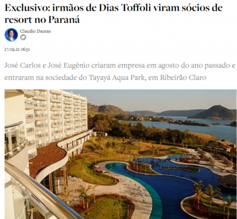 Antagonista diz que irmãos de Dias Toffoli viraram sócios no Tayayá