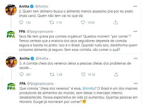 Anitta é respondida por Frente Agropecuária após post: 