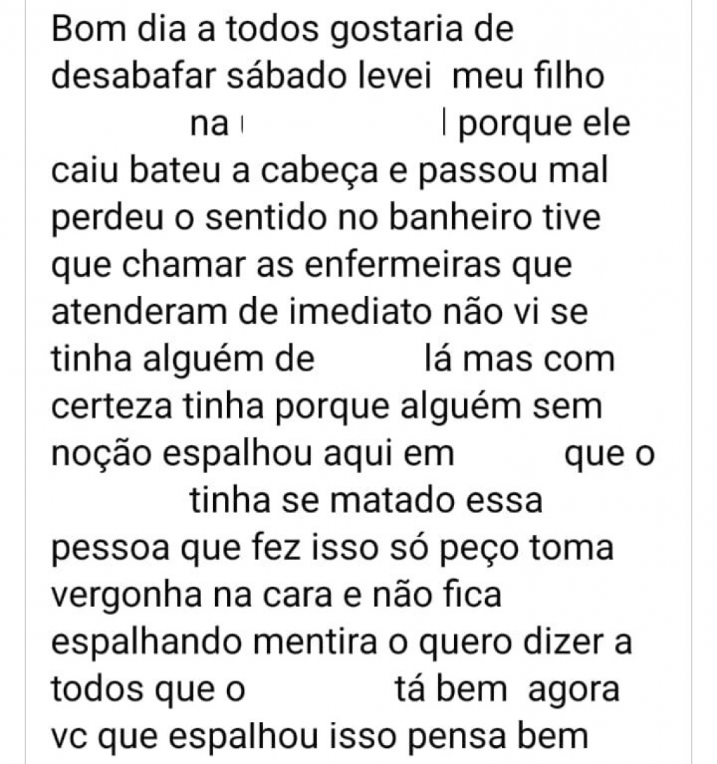 Postagem da mãe em rede de mensagens denuncia boatos sobre suicídio em Marília – Reprodução