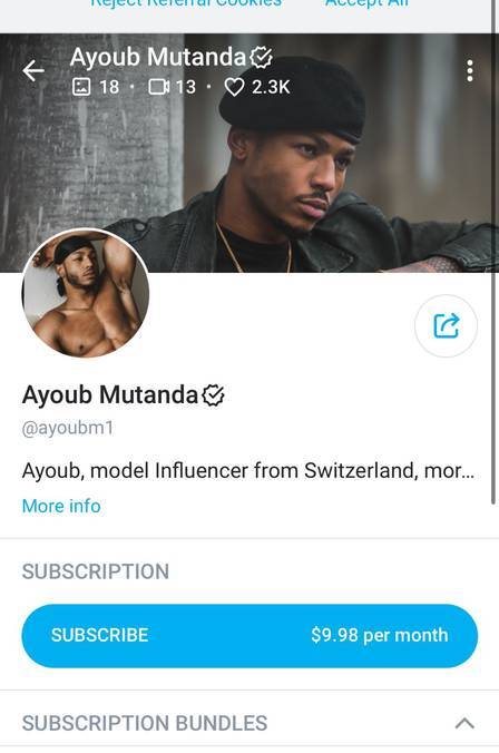 O perfil de Ayoub Mutanda, modelo do clipe 'Envolver', no OnlyFans. Foto: Reprodução/Instagram