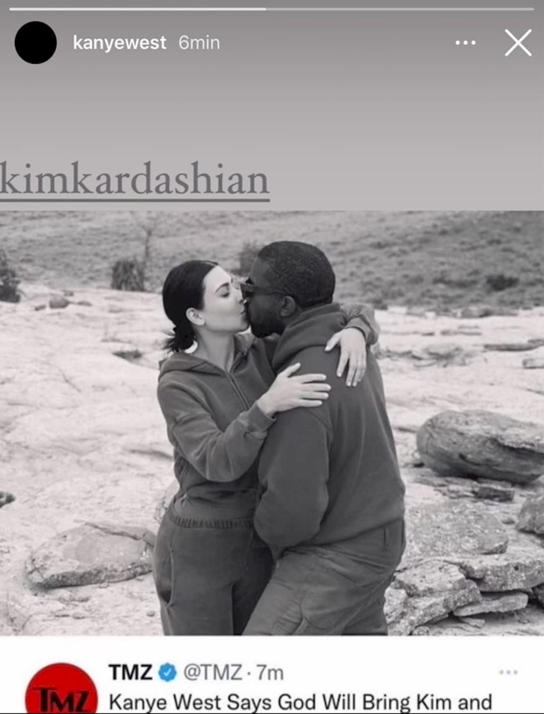 Kanye West posta foto beijando Kim Kardashian