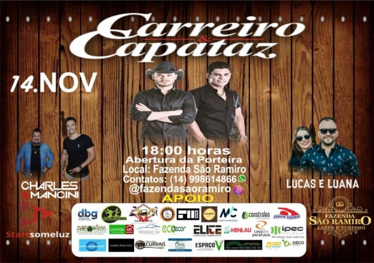 Show terá Carreiro & Capataz e Charles&Mancini dia 14 na Fazenda São Ramiro em Garça