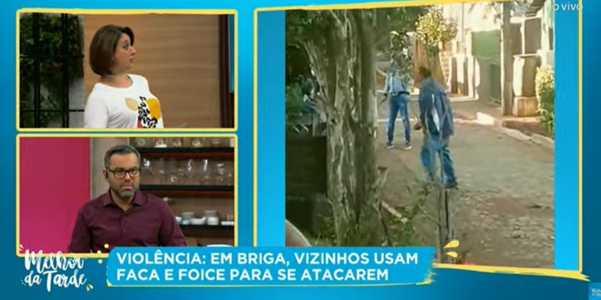 "Assustador", Catia Fonseca fica aos gritos ao vivo após ver quebra-pau com facão na Band: "Meu senhor"