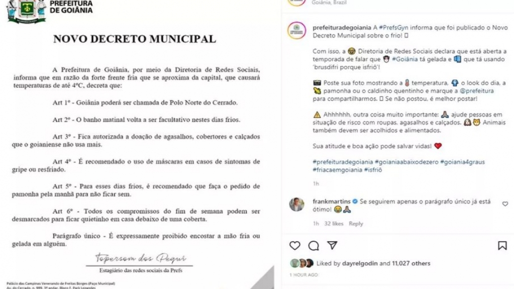GO: Prefeitura publica 'decreto' para o frio com 'banho facultativo'