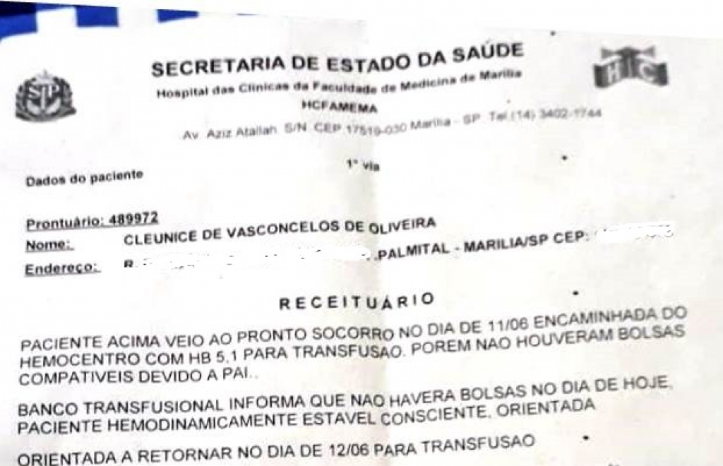 Mulher fica sem transfusão em Marília; Hemocentro faz ação de coleta nesta segunda