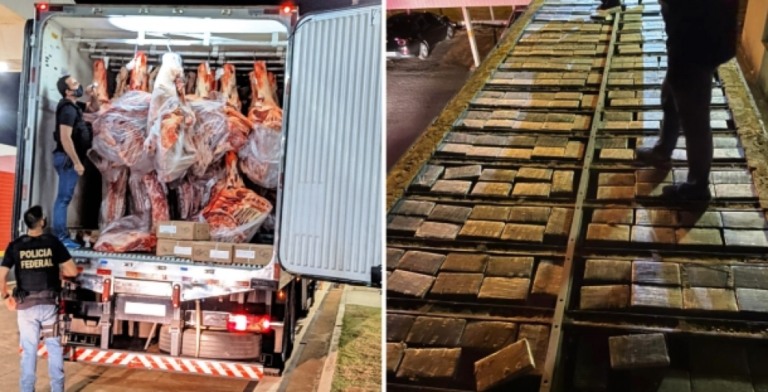 PF de Marília apreende 550kg de cocaína em caminhão com carne
