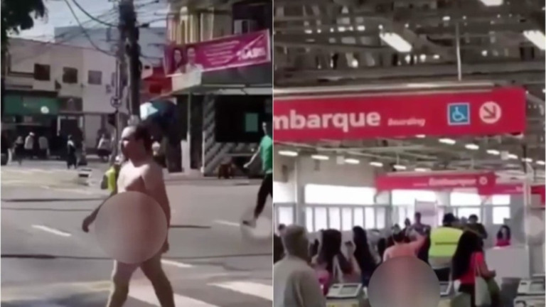 Montagem iG / Imagens: reprodução TikTok Homem andou nu pela rua e entrou em estação da CPTM, em São Paulo