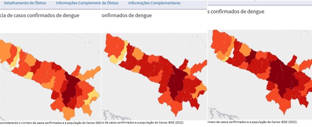 Evolução da ‘mancha de casos’ na região mostra epidemia de dengue – Reprodução/Painel da Dengue do Estado de SP