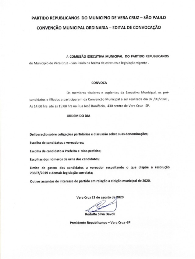 Edital de Convenção Partido Republicanos do Município de Vera Cruz