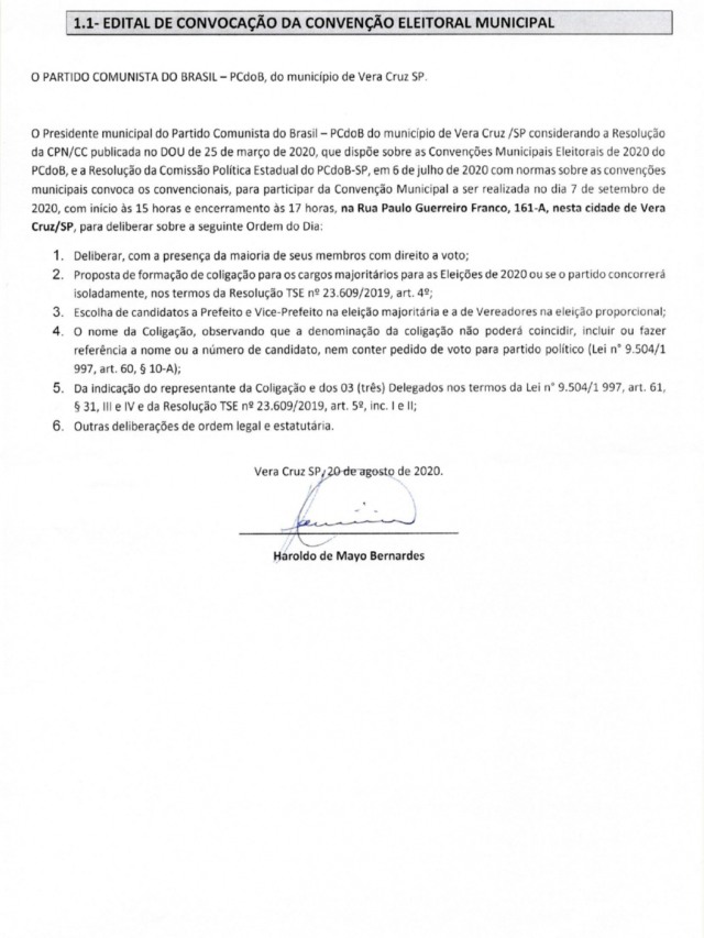 Edital de Convenção Partido Comunista do Brasil - Município de Vera Cruz