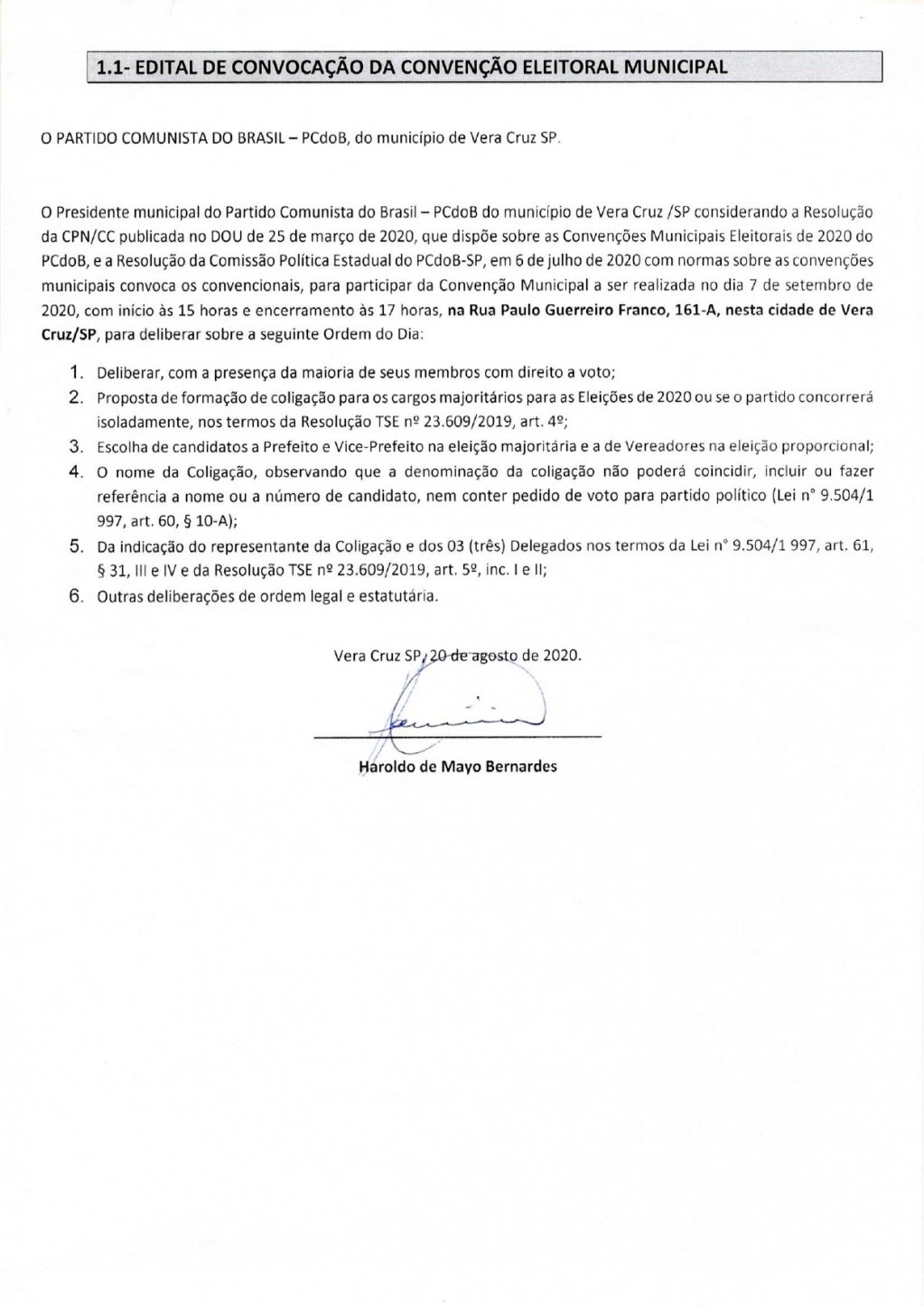 Edital de Convenção Partido Comunista do Brasil - Município de Vera Cruz