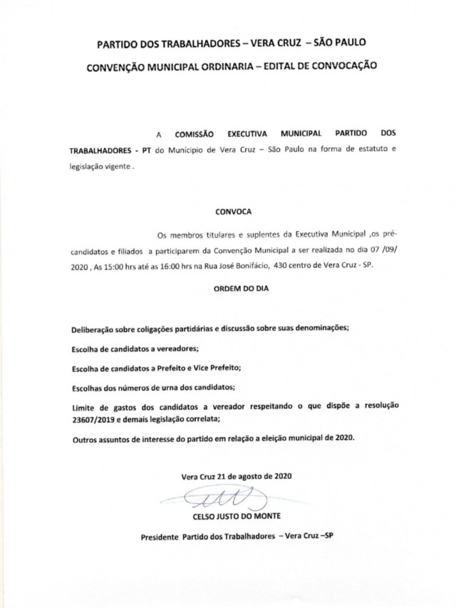 Edital de Convenção Partido dos Trabalhadores - Município de Vera Cruz