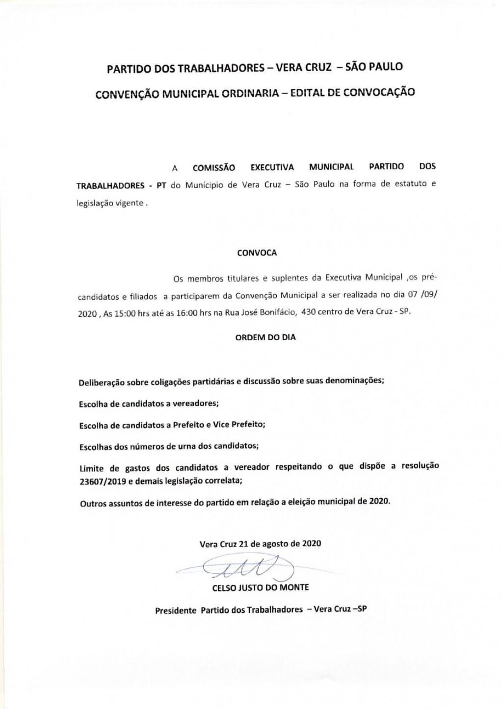 Edital de Convenção Partido dos Trabalhadores - Município de Vera Cruz