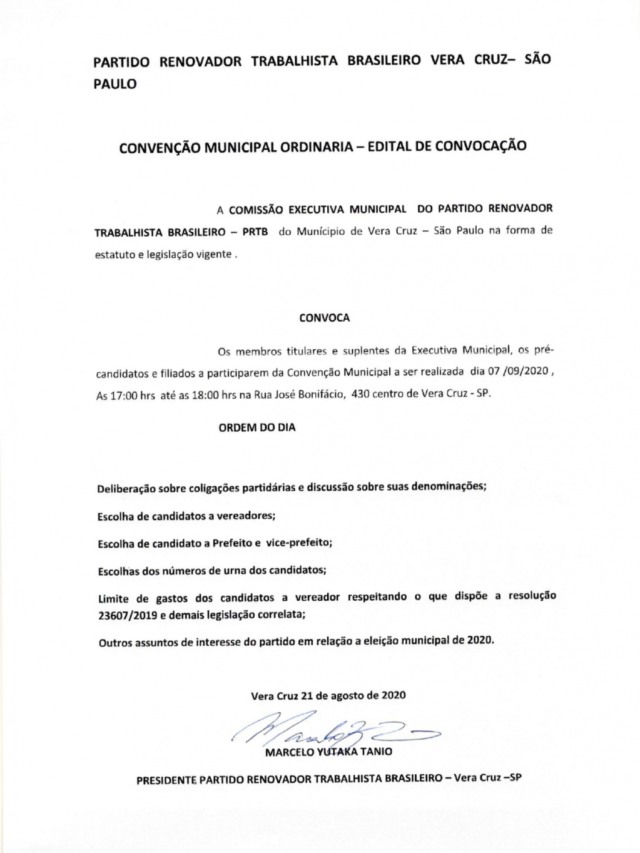 Edital de Convenção Partido Renovador Trabalhista Brasileiro - Município de Vera Cruz