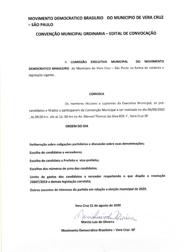 Edital de Convenção Movimento Democrático Brasileiro - Município de Vera Cruz