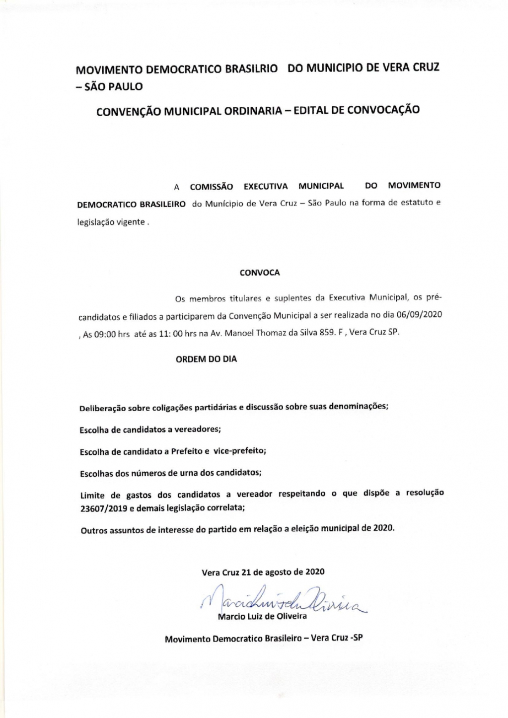 Edital de Convenção Movimento Democrático Brasileiro - Município de Vera Cruz