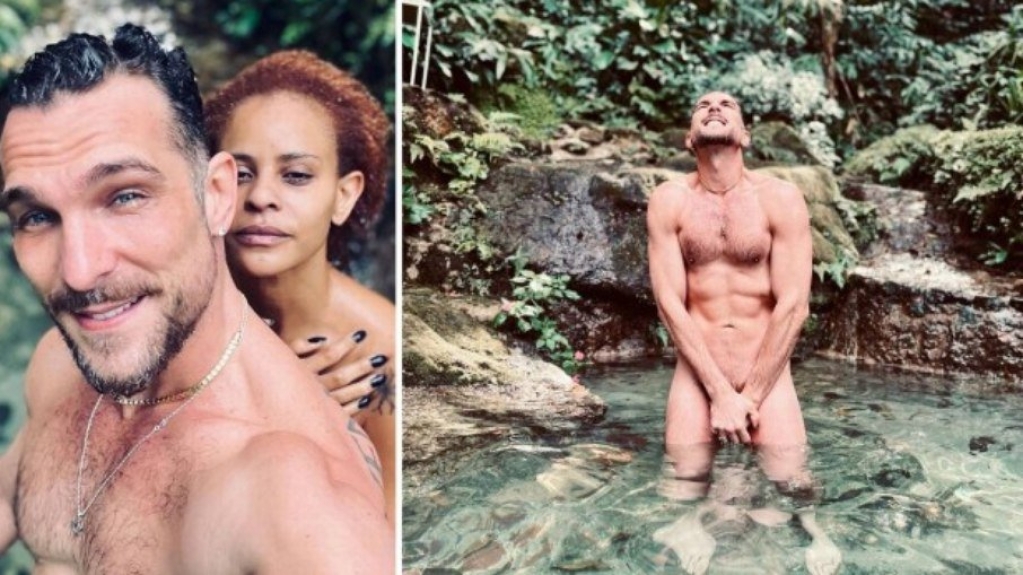 Igor Rickli e Aline Wirley tomam banho nus em piscina natural de casa Igor Rickli e Aline Wirley tomam banho nus em piscina natural de casa