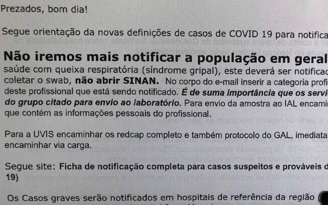 email enviado a postos de saúde sobre a notificação apenas de casos graves de Covid-19