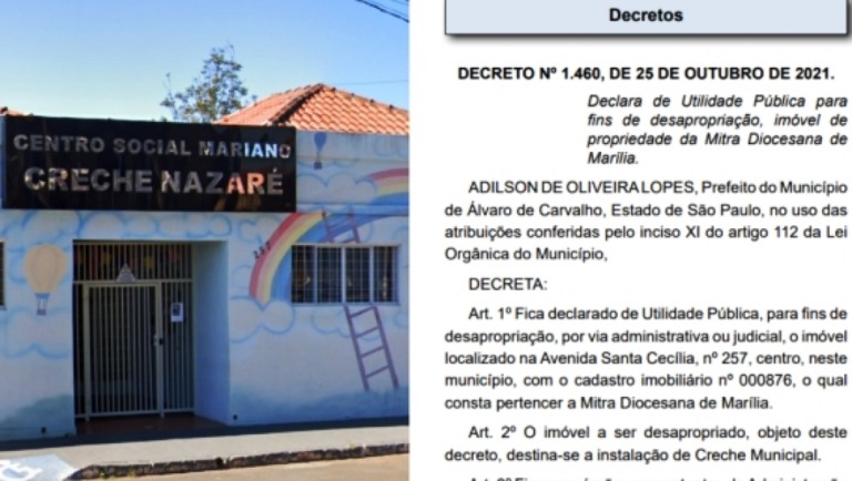 Prefeito de Álvaro de Carvalho ameaça desapropriar creche e cria racha com Diocese de Marília