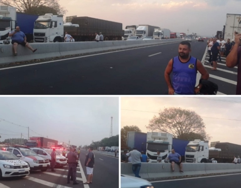 Protesto de caminhoneiros completa trânsito na SP-333 em Marília