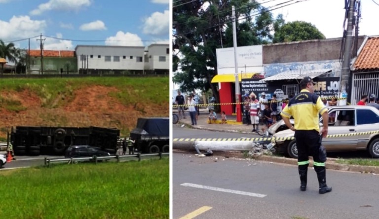 Carreta tomba em rodovia no Campus; carro derruba poste na zona sul
