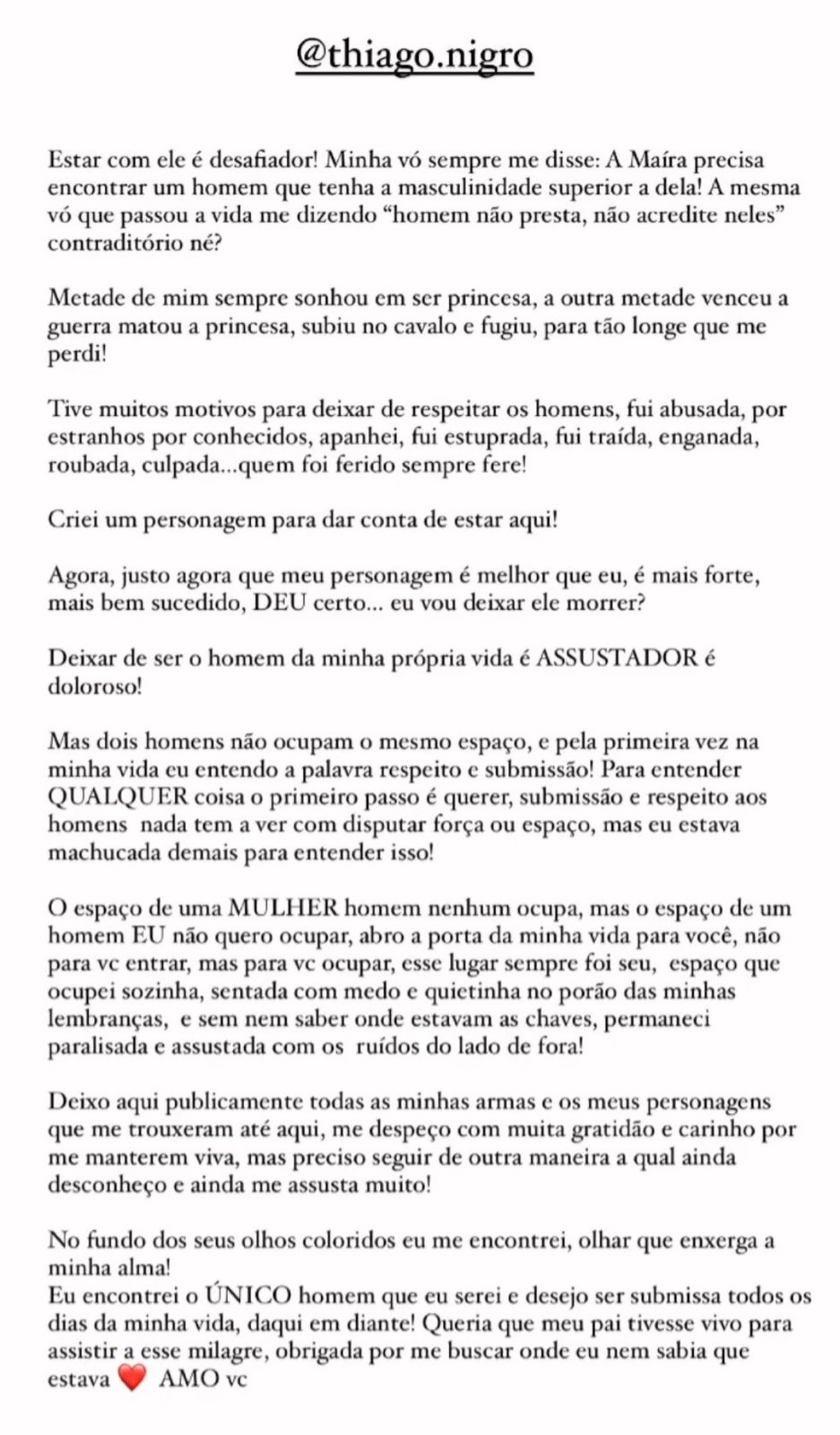Maíra Cardi posta sobre relacionamento com Thiago Nigro — Foto: Reprodução/Instagram