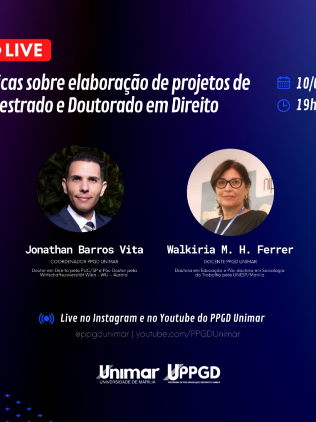 Docentes da Unimar farão live para orientar projetos de Mestrado e Doutorado em Direito