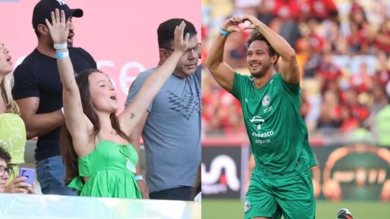 Recém-casado André Luiz Frambach faz gol para a esposa Larissa: ‘Atriz foi às alturas’
