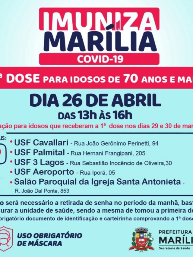 Marília anuncia novas datas para 2ª dose de público acima de 70 anos