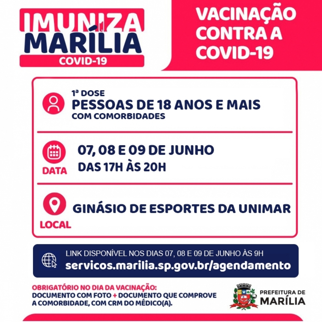 Marília vai vacinar pessoas com comorbidades acima de 18; começa dia 7