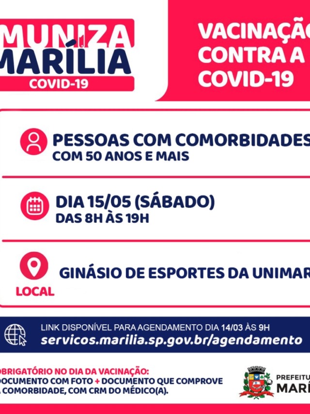 Marília vacina neste sábado público com comorbidades a partir de 50 anos