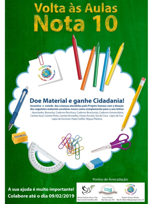 Campanha do Projeto Semear pede doações de materiais escolares, confira pontos de arrecadação