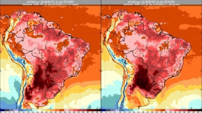 Inmet Mapa com distribuição de calor prevista para sábado (16/12) e domingo (17/12)