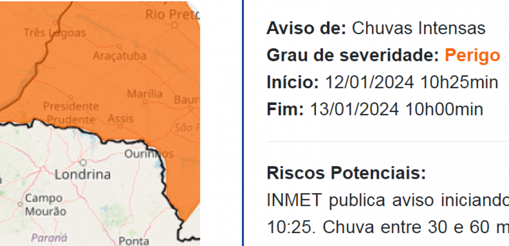 Inmet inclui Marília e região em alerta de Perigo com chuvas intensas