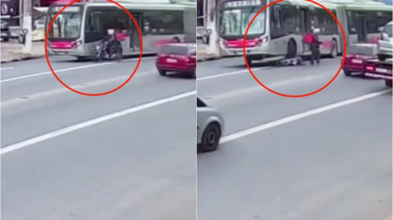 Vídeo: motorista de ônibus atropela moto após briga de trânsito em SP
