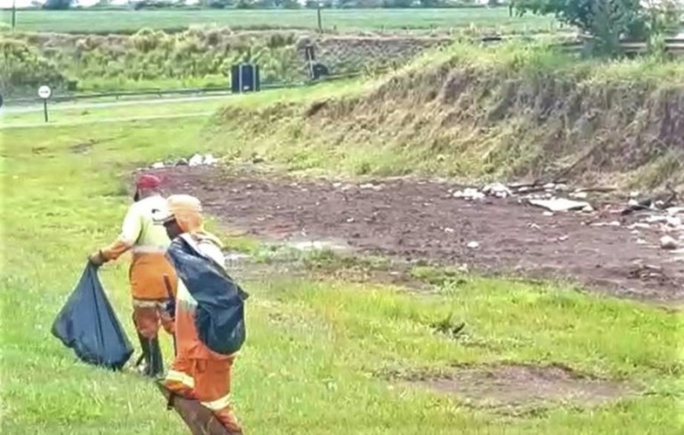 Operação de limpeza recolhe lixo ao lado de rodovia em ação contra dengue